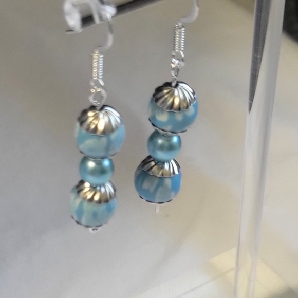 Artisanal Blue and White Clay Beaded Dangle Drop Earrings - Picture 7 of 9
